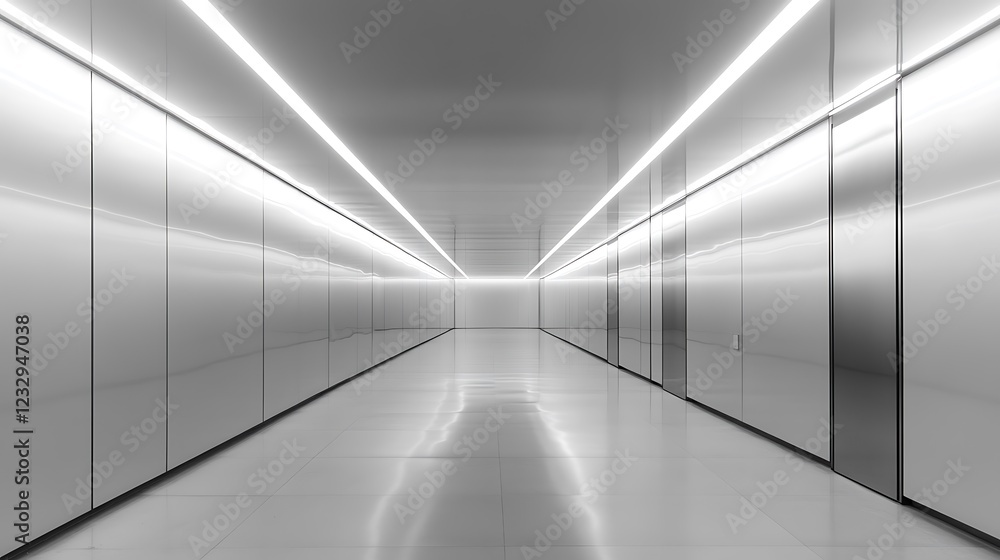 Obraz premium Modern minimalist hallway with bright lights and metallic walls