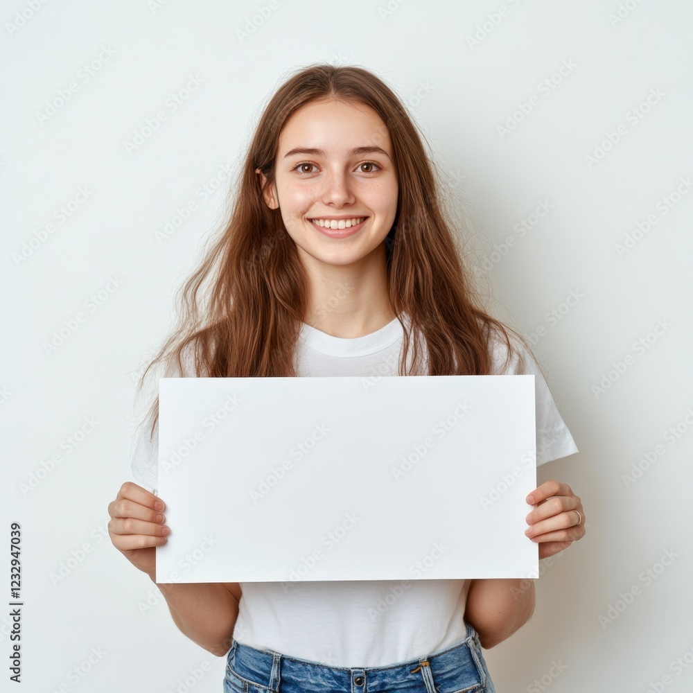 Fototapeta premium smiling young woman holding blank white sign