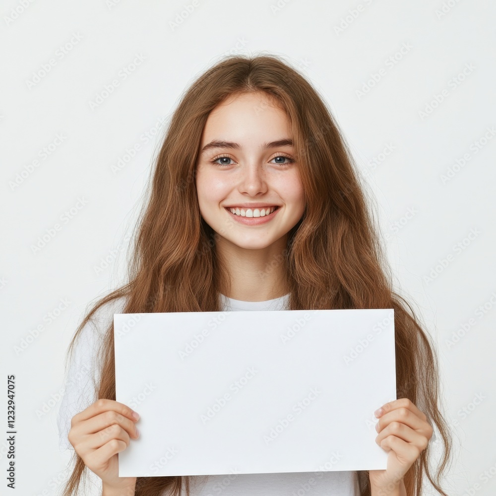 smiling woman holding a blank sign smiling woman holding a blank sign