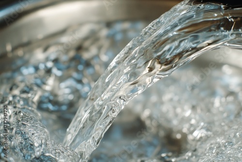 Flowing clear water cascading from a modern faucet in a kitchen setting at night