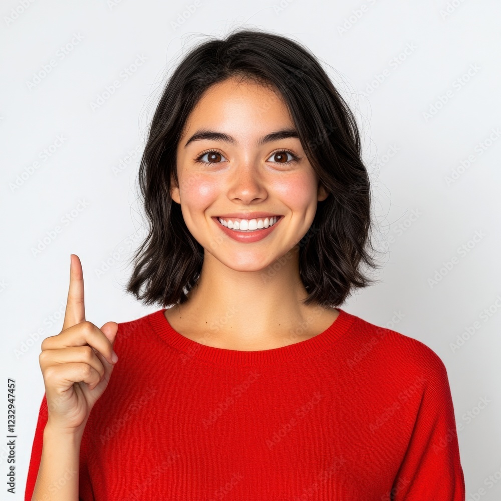 young woman pointing up with a smile young woman pointing up with a smile