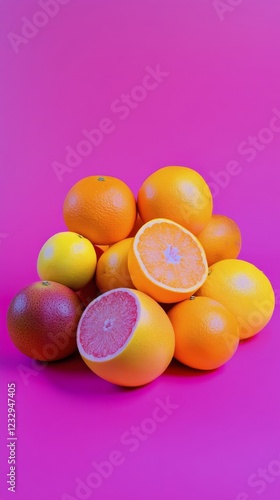Fresh citrus fruits arranged on a pink background with green leaves and vibra...