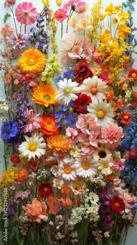 Colorful arrangement of various flowers against a textured background