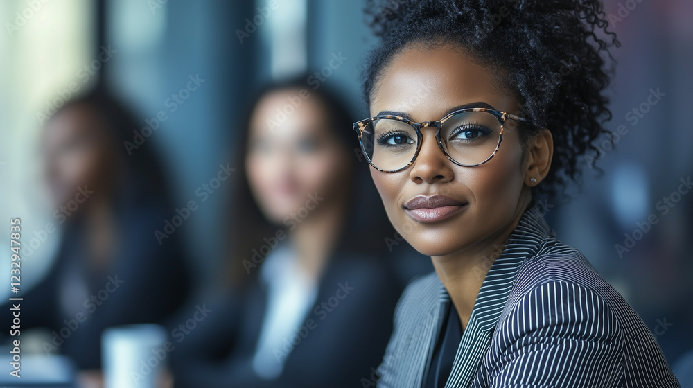 Portrait of a confident african american businesswoman wearing eyeglasses in the office with colleagues in the background