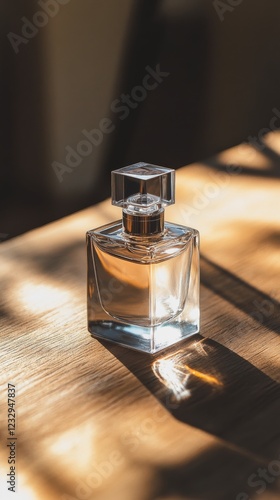 Elegant glass perfume bottle casting shadows in soft afternoon light on a woo...