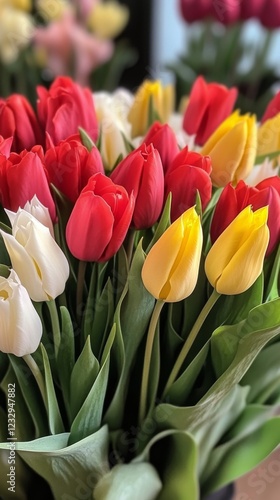 Vibrant tulip arrangement showcasing red, yellow, and white blooms at a flowe...