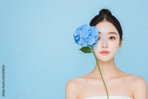 Minimalistic portrait with blue hydrangea, elegant woman on pastel background, modern beauty concept, glowing skin, soft floral accent, serene and feminine style, isolated aesthetic

