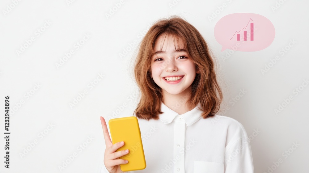 smiling girl with phone and growth chart icon smiling girl with phone and growth chart icon