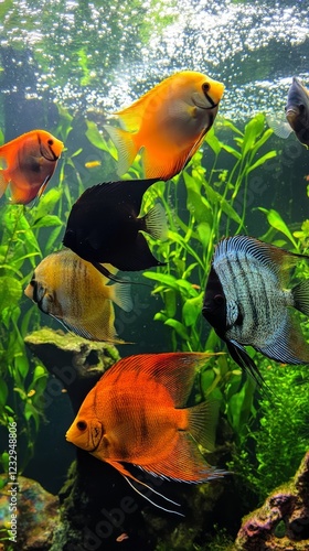 Colorful underwater scene with various fish swimming in a clear aquarium envi...