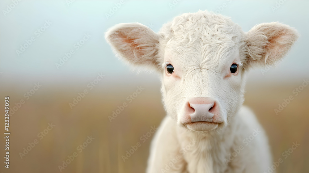 Obraz premium White calf in pasture, autumnal field background