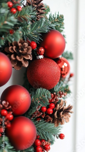 Beautiful holiday wreath adorned with red ornaments and pinecones on wooden b...