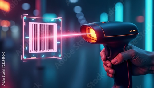 Futuristic depiction of a glowing barcode scanner with a holographic laser beam scanning a floating barcode