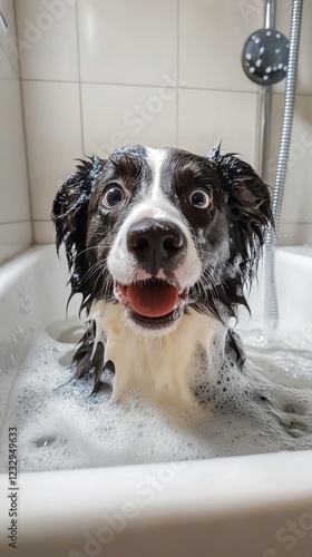 Dog enjoying a bath in a modern tub with bubbles and running water