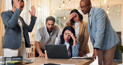 Tableau sur toile Frustrated, business people and laptop with stress for company bankruptcy, financial crisis or rejected funding