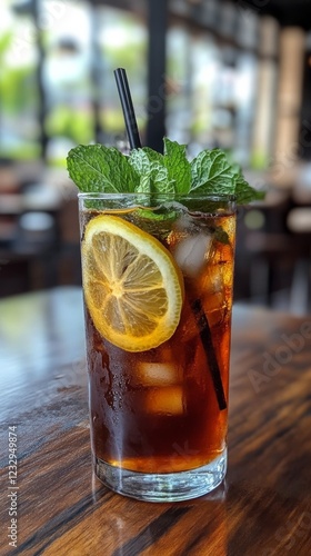 Refreshing iced tea garnished with lemon and mint on a wooden table in a cozy...
