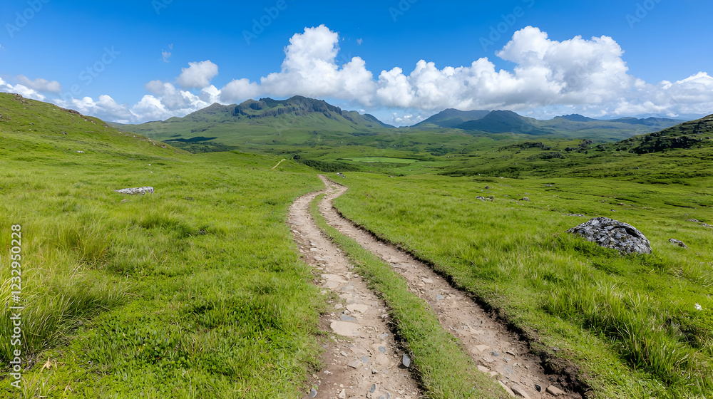Fototapeta premium Winding path through green hills, mountains background, sunny day, travel poster