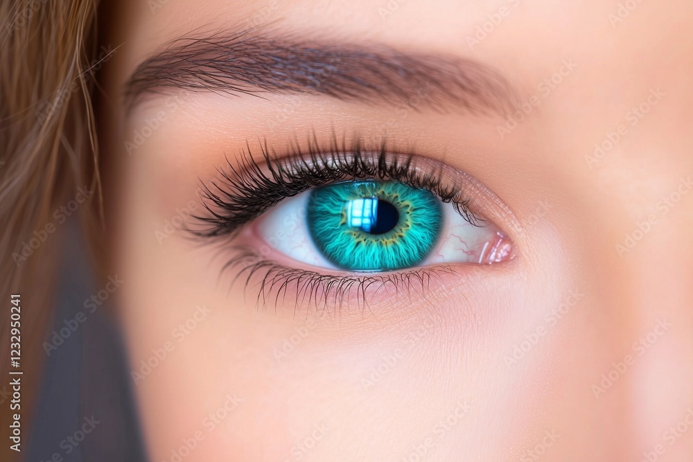 Close-up of a womana??s vivid turquoise eye, showcasing fine detailing in the iris and subtle veins in the sclera, captured in ultra HD Close-up of a womana??s vivid turquoise eye, showcasing fine detailing in the iris and subtle veins in the sclera, captured in ultra HD