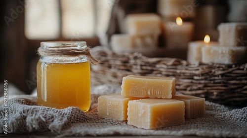 Honey jar and handmade soap next to lavender in a warm indoor setting