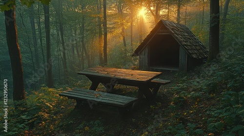 Misty forest sunrise, picnic table, cabin. Peaceful nature scene