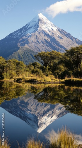 Majestic mountain reflection in tranquil water at sunrise in a remote landscape