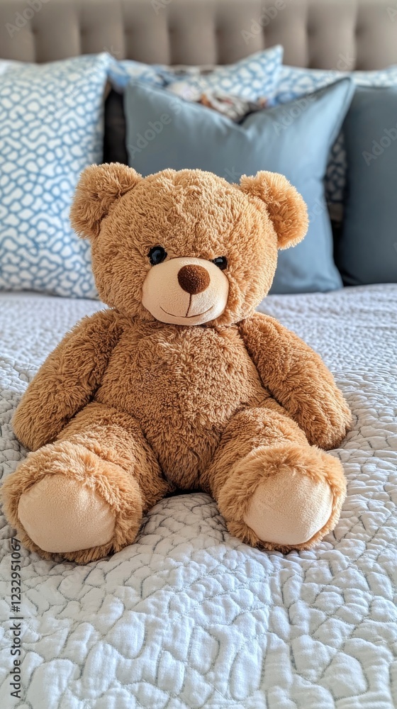 Soft bear sits on a cozy bed with decorative pillows in a warm-toned interior Soft bear sits on a cozy bed with decorative pillows in a warm-toned interior