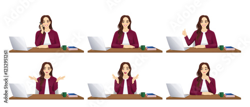 Beautiful business young woman wearing formal outfit using laptop computer sitting at desk in different poses. Isolated vector illustration set