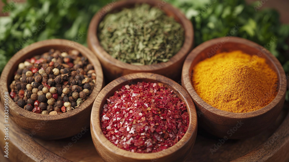 Assorted spices in wooden bowls including turmeric, dried herbs, peppercorns, and pink salt with fresh greens in the background Assorted spices in wooden bowls including turmeric, dried herbs, peppercorns, and pink salt with fresh greens in the background