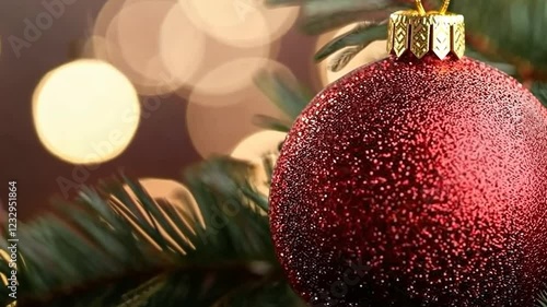 Close-up of a red Christmas ornament on a festive tree.