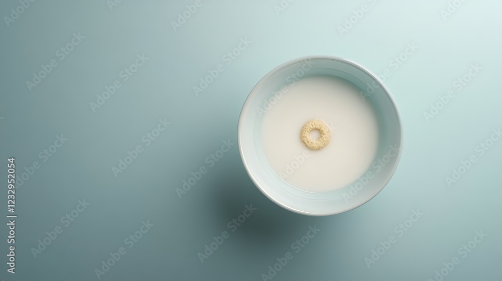 Single Cereal Ring Floats Calmly in a Bowl of Milk on Pale Blue Tabletop Surface