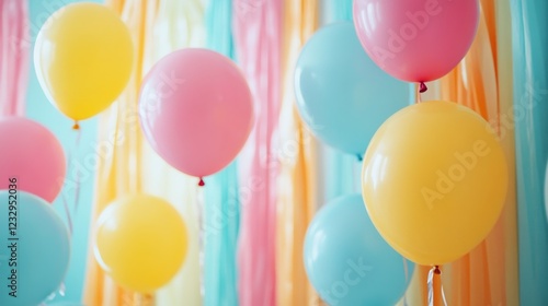 Colorful balloon decorations create a vibrant party backdrop for celebrations...