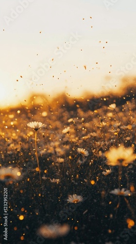 Sunset over a field filled with flowers and gentle winds creating a serene at...