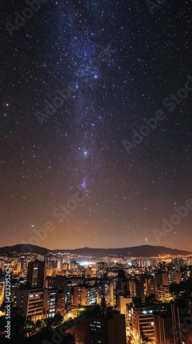 City skyline under a starry night sky with visible constellations and distant...