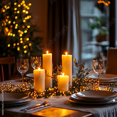 Romantic home dinner with fairy lights and candles photo