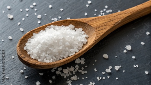 This is a close-up studio shot of a wooden spoon filled with coarse sea salt