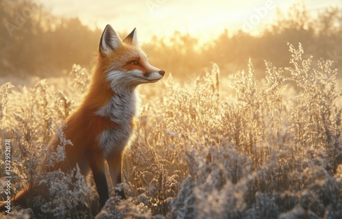 Fox stands majestically in golden light among tall grass during early morning...