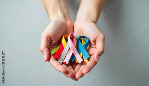 Wallpaper Mural World cancer day (February 4). colorful awareness ribbons; blue, red, green, black, grey, white, pink and yellow color for supporting people living and illness Torontodigital.ca