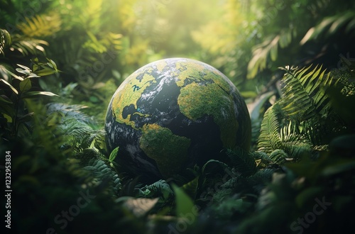 Exploring a vibrant globe surrounded by green foliage in a serene forest setting