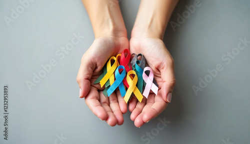 Wallpaper Mural World cancer day (February 4). colorful awareness ribbons; blue, red, green, black, grey, white, pink and yellow color for supporting people living and illness Torontodigital.ca