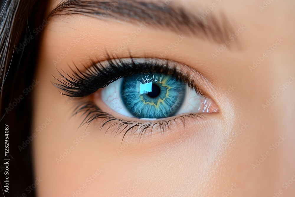 Close-up of a womana??s vibrant turquoise-blue eye, showing the sharp contrast between the iris and pupil, with fine detailing in the iris, captured in Close-up of a womana??s vibrant turquoise-blue eye, showing the sharp contrast between the iris and pupil, with fine detailing in the iris, captured in