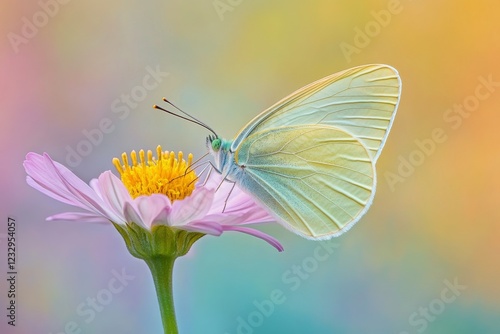 Delicate butterfly perched on pastel flowers at sunrise in a tranquil garden