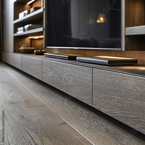 Modern living room TV stand with drawers, wood floor, shelves in background photo