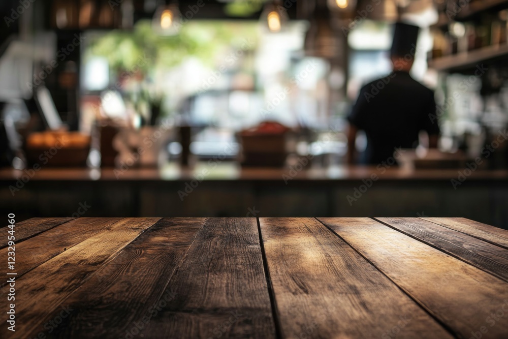 Rustic Wooden Tabletop in a Blurred Cafe Background Rustic Wooden Tabletop in a Blurred Cafe Background