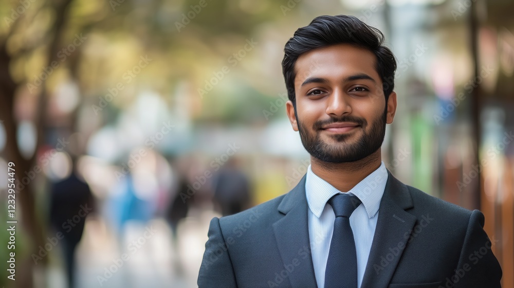 Young businessman smiling in a city street, wearing suit and tie Young businessman smiling in a city street, wearing suit and tie