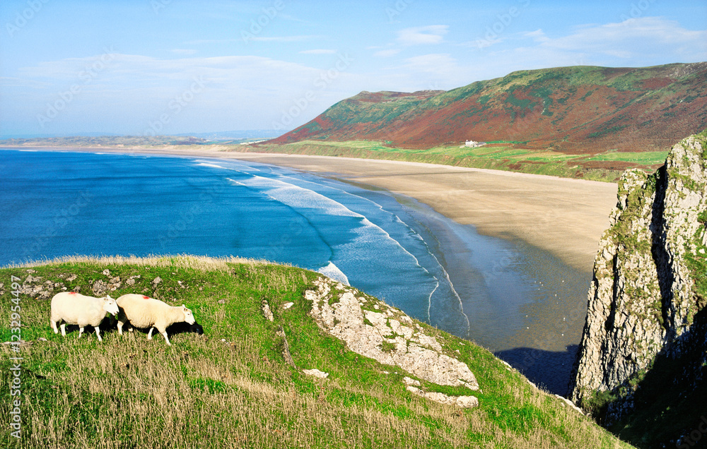Rhossili Beach on Rhossili Bay on the Gower Peninsula, West Glamorgan, near Swansea in south Wales, UK
