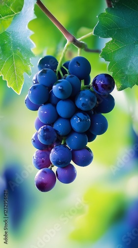 Grapes hanging from vine against a blurred green background in a vineyard set...