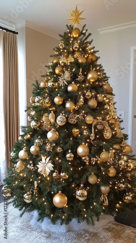 Beautifully decorated Christmas tree with golden ornaments and soft lights in...