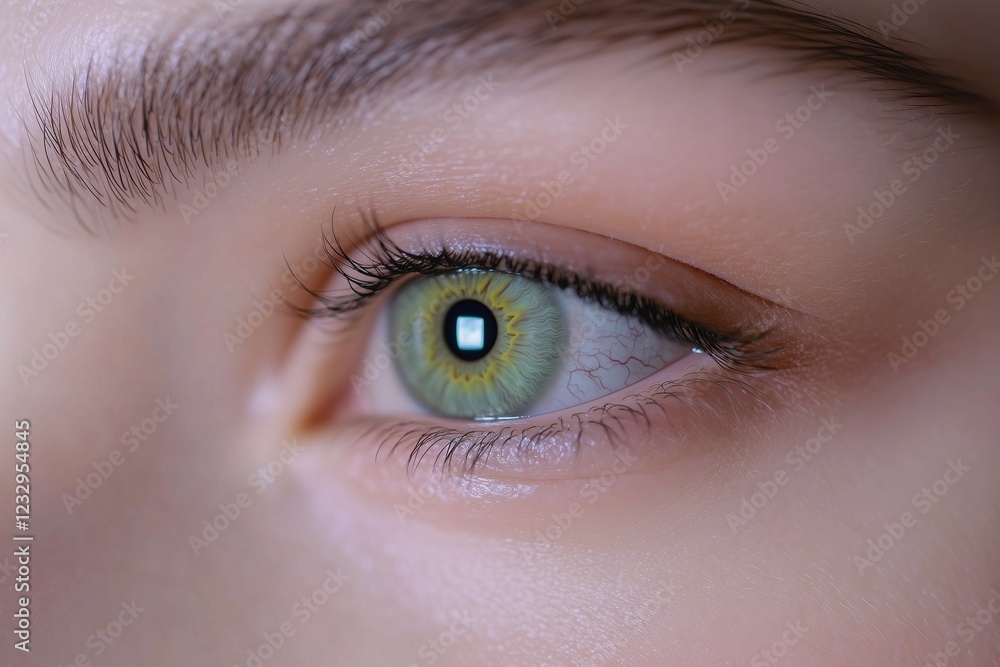 Obraz premium Close-up of a womana??s pale mint-green eye, showcasing fine detailing in the iris and smooth sclera textures, captured in