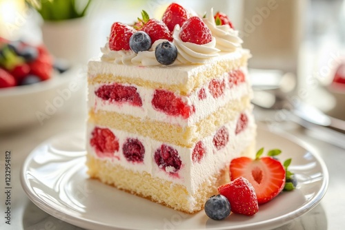 Delicious layered cake with fresh fruits served on a white plate in a bright ...