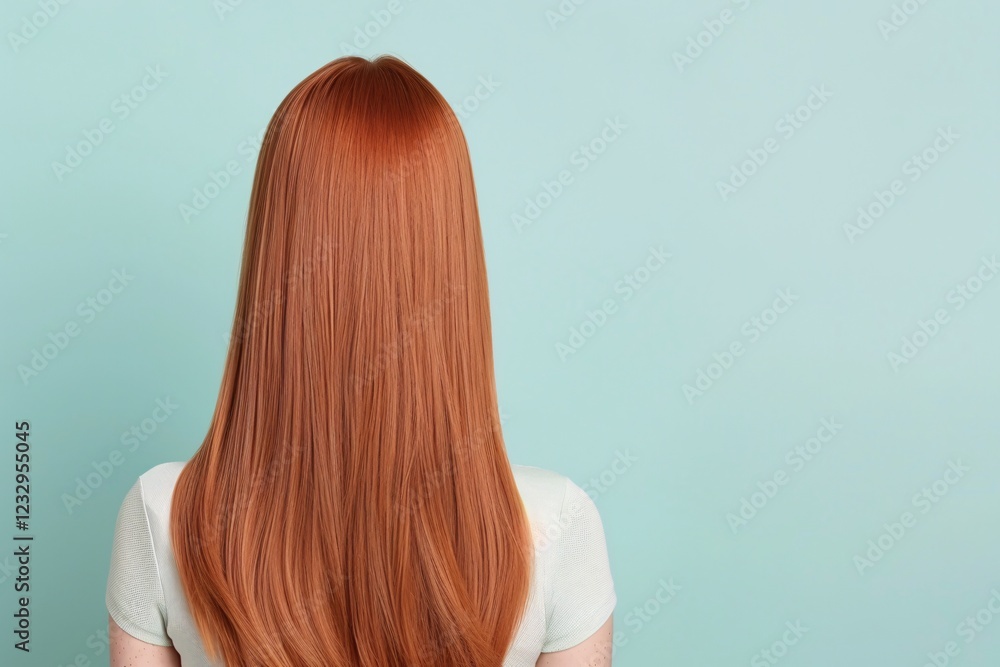 Back view of red-haired woman, long straight hair with natural shine, vibrant and elegant look, isolated on soft blue background, minimalistic and stylish hairstyle concept.

