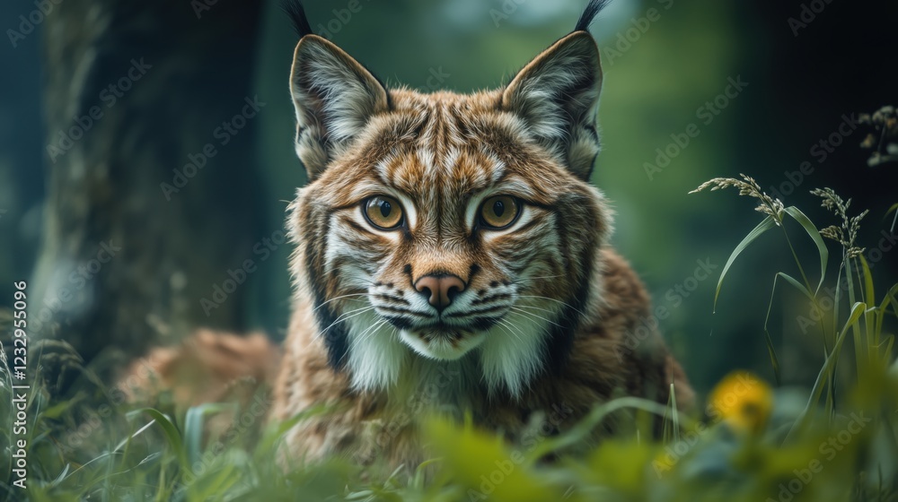 Portrait of a beautiful bobcat hiding in the flowers in its natural environment Portrait of a beautiful bobcat hiding in the flowers in its natural environment